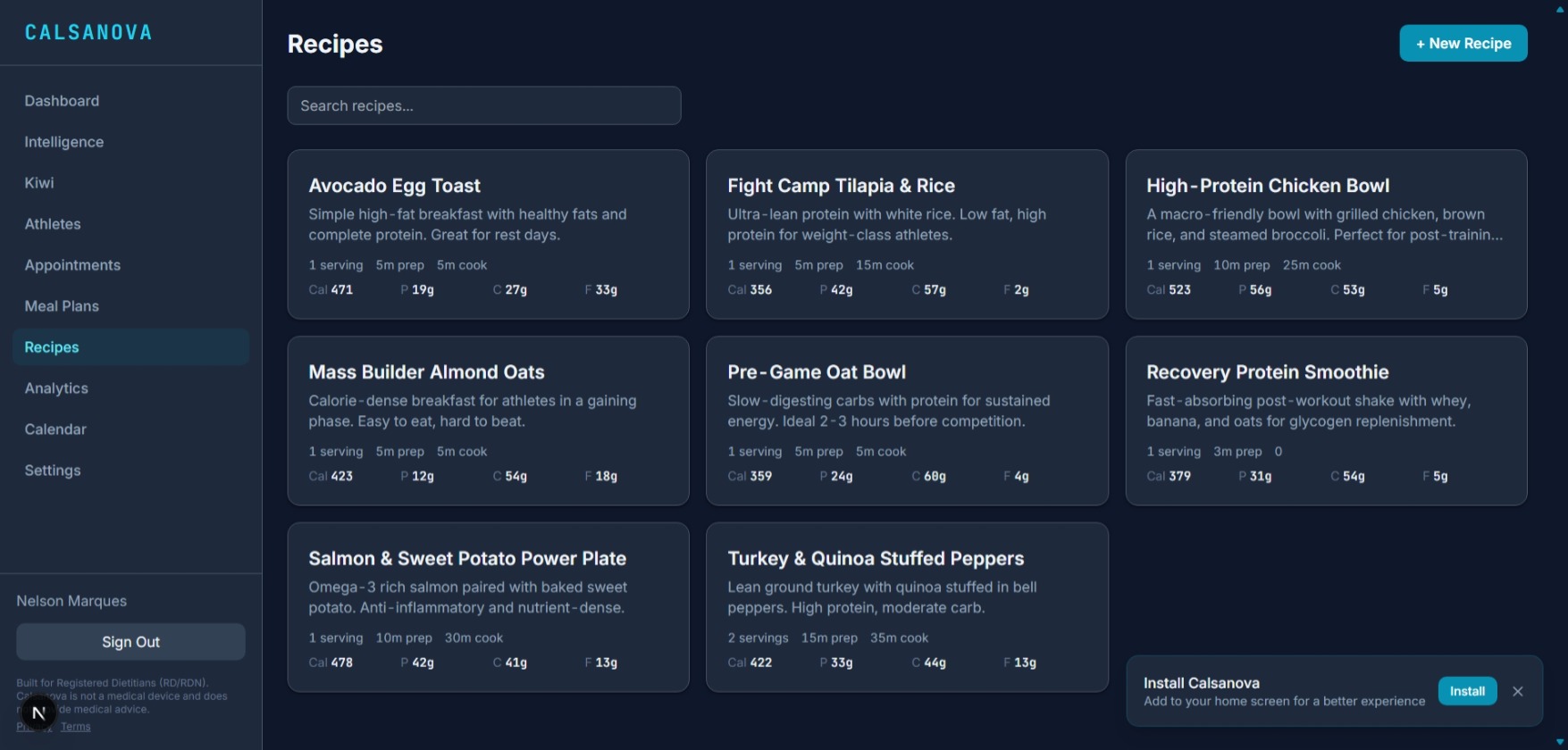 Recipe library with macro-calculated meals